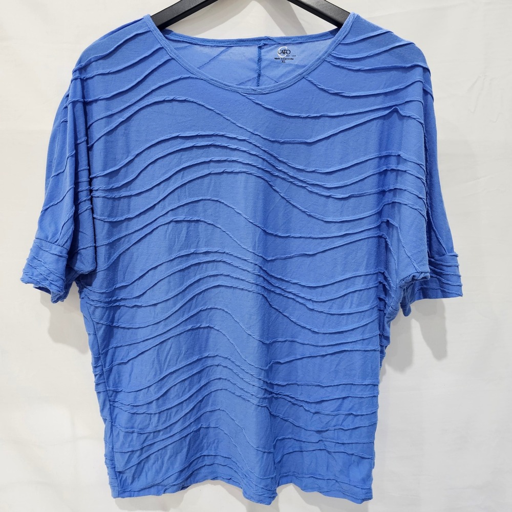 Cato Blue Textured Wave Top Short Sleeve Cotton Scoop Neck XL Raised Detail